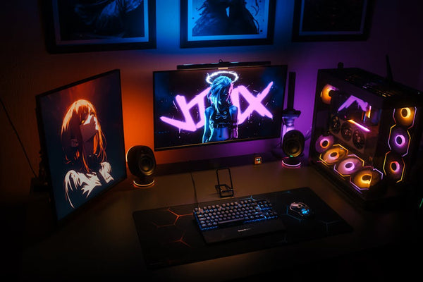 A modern gaming setup featuring RGB lighting, dual monitors, and a custom PC with colorful components.