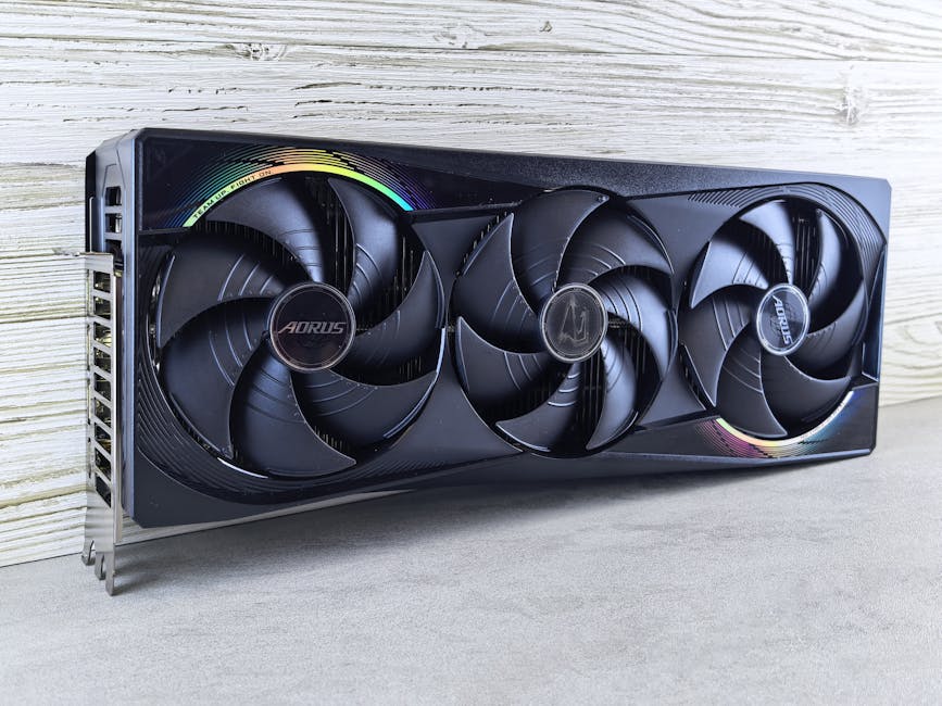 Triple fan GPU with RGB lighting, ideal for gaming setups and high-performance computing.