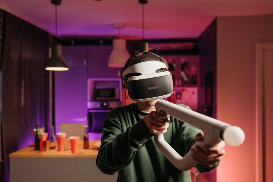 Person wearing a VR headset and playing with a VR controller in a modern, dimly lit room.