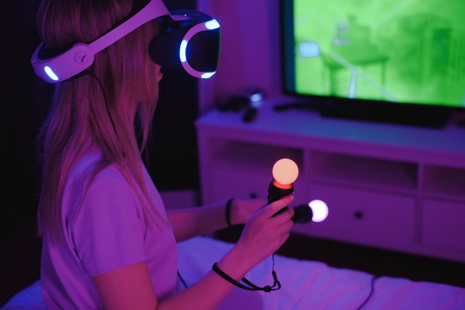 Woman with VR headset and controllers engaged in gaming with neon lights in a bedroom.