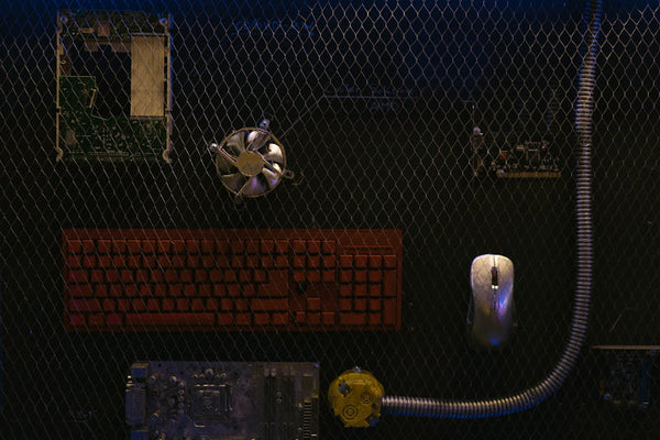 Top view of computer hardware components displayed against a wire mesh background.