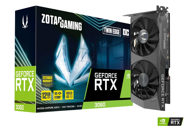 Zotac NVIDIA GeForce RTX 3060 Twin Edge 12GB GDDR6 2-Fan Graphics Card (225mm) (TDP 170W) (Black)