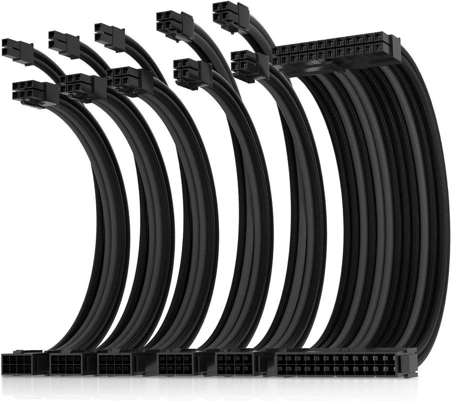 Asiahorse Black Grey Sleeved PSU Extension Cable Kit 16AWG Cotton Custom PC Mod Kit 6 Kit
