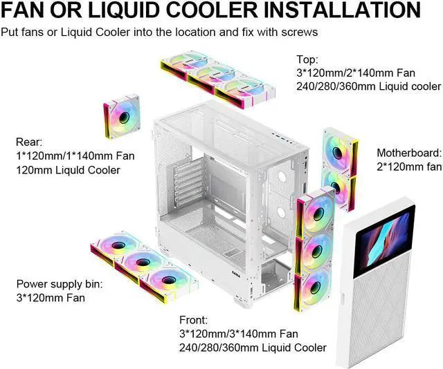 SAMA V-Play White Gaming Mid Tower Computer Case w/ 8in LCD Display (ATX) (White)