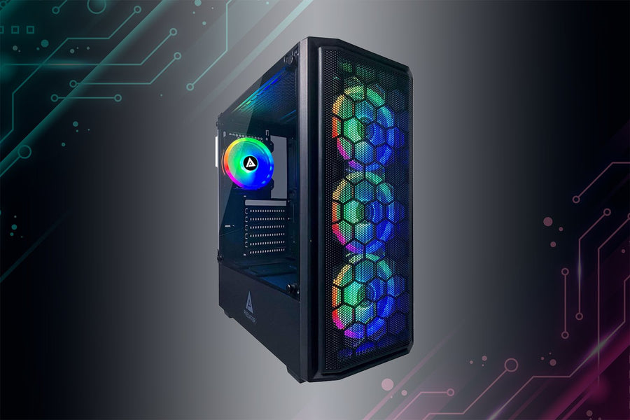 Caja para juegos Apevia Predator-BK de tamaño mediano con 1 panel de vidrio templado, puertos USB 3.0/USB 2.0/audio superiores, 4 ventiladores RGB y marco negro 