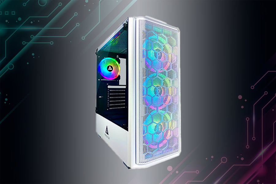 Caja para juegos Apevia Predator-WH de tamaño mediano con 1 panel de vidrio templado, puertos USB 3.0/USB 2.0/audio superiores, 4 ventiladores RGB, marco blanco 