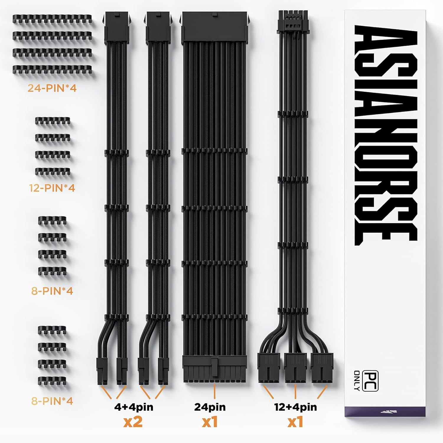 Asiahorse Black 12VHPWR PCIe 5.0 Sleeved PSU Extension Cable Kit 16AWG Cotton Custom Mod Kit 4 Kit 3 End - Geek Tech