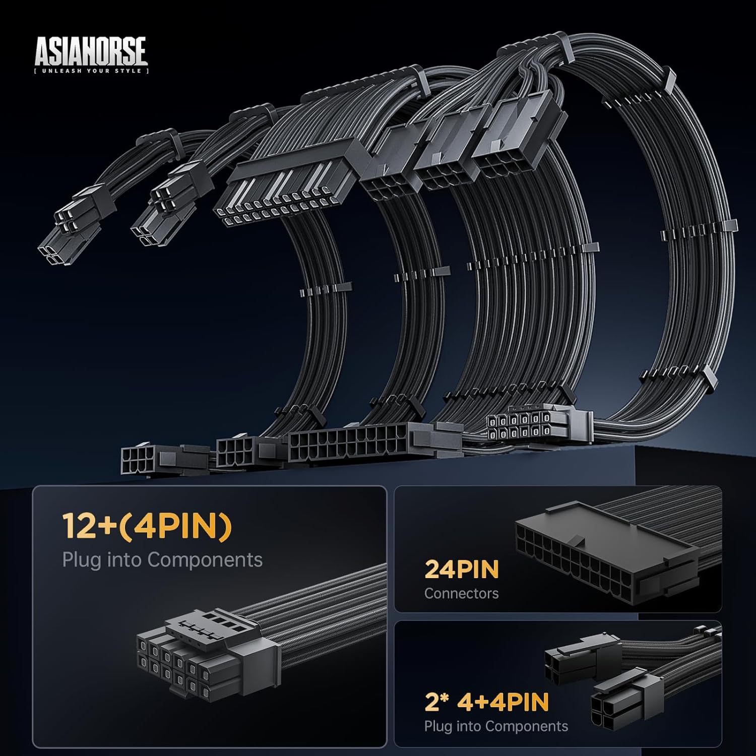Asiahorse Black 12VHPWR PCIe 5.0 Sleeved PSU Extension Cable Kit 16AWG Cotton Custom Mod Kit 4 Kit 3 End - Geek Tech
