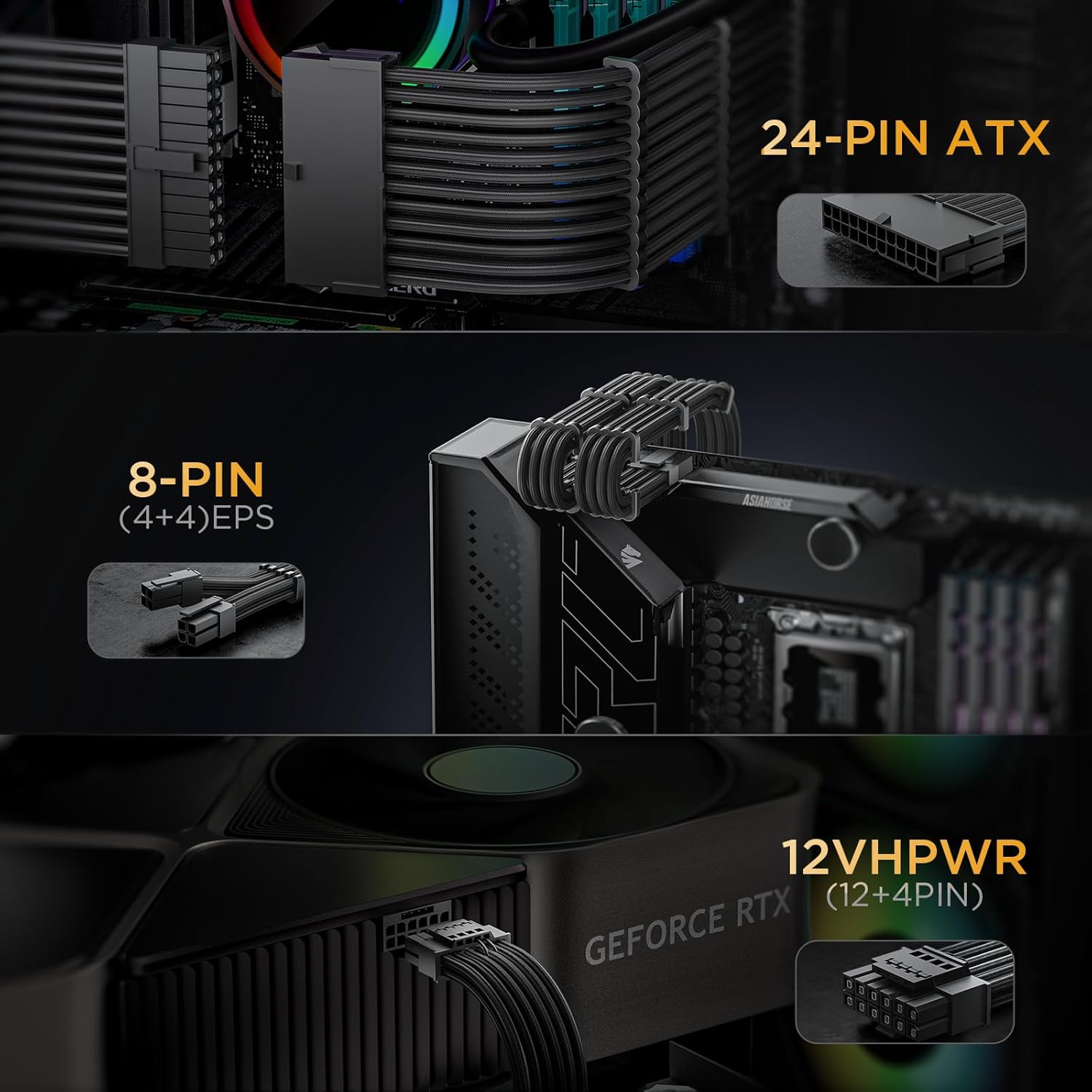 Asiahorse Black 12VHPWR PCIe 5.0 Sleeved PSU Extension Cable Kit 16AWG Cotton Custom Mod Kit 4 Kit 3 End - Geek Tech