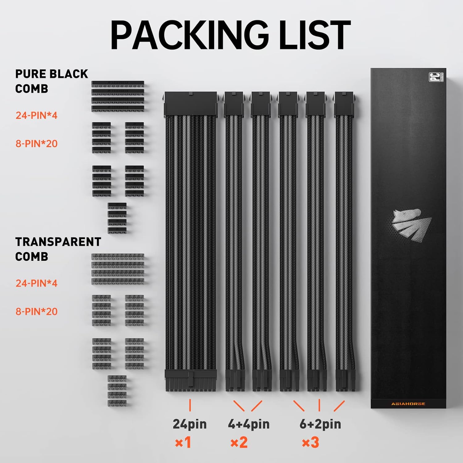 Asiahorse Black Grey Mix Sleeved PSU Extension Cable Kit 16AWG Cotton Custom PC Mod Kit - Geek Tech