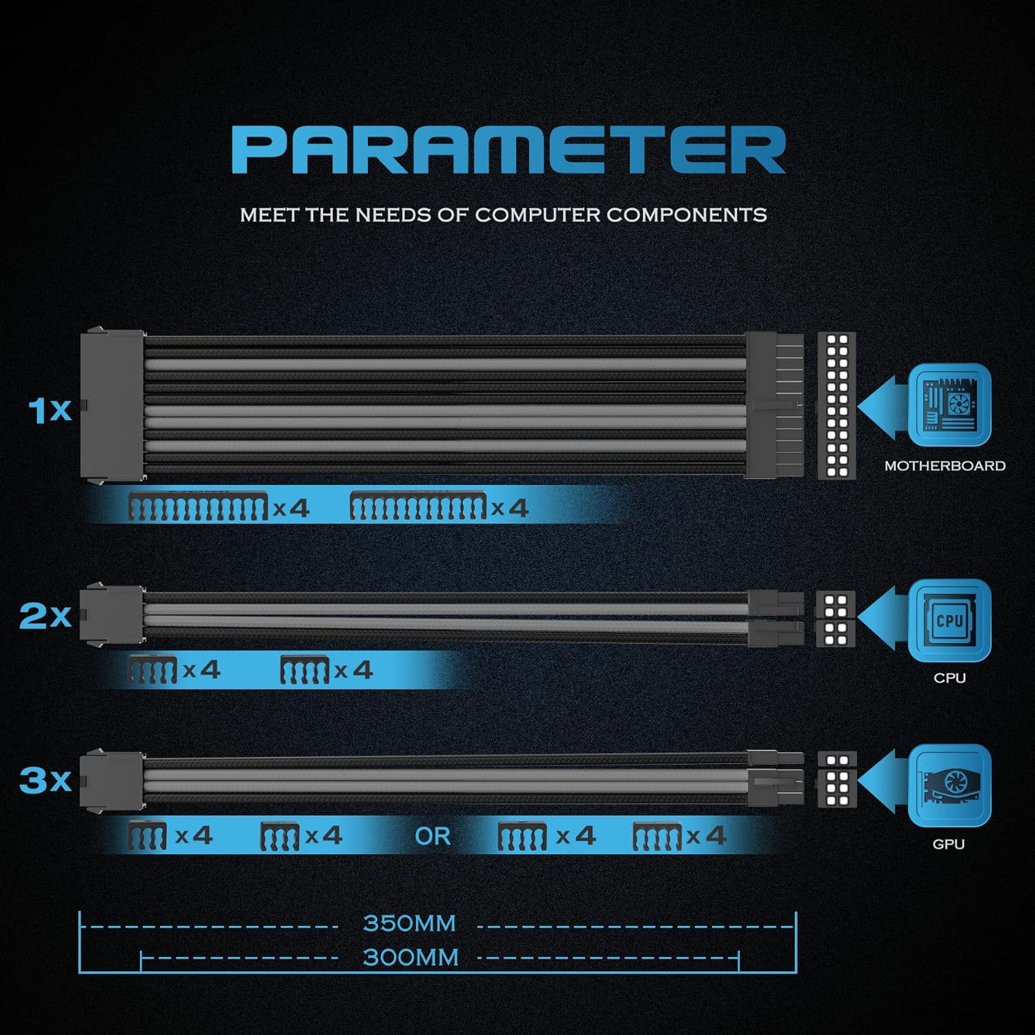 Asiahorse Black Grey Mix Sleeved PSU Extension Cable Kit 16AWG Cotton Custom PC Mod Kit - Geek Tech
