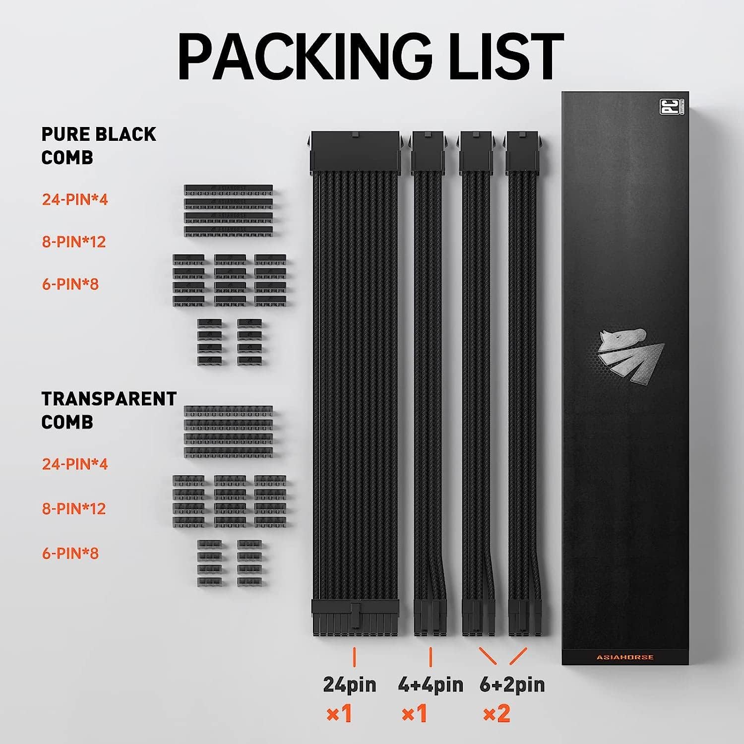 Asiahorse Black Sleeved PSU Extension Cable Kit 18AWG Cotton Custom PC Mod Kit - Geek Tech