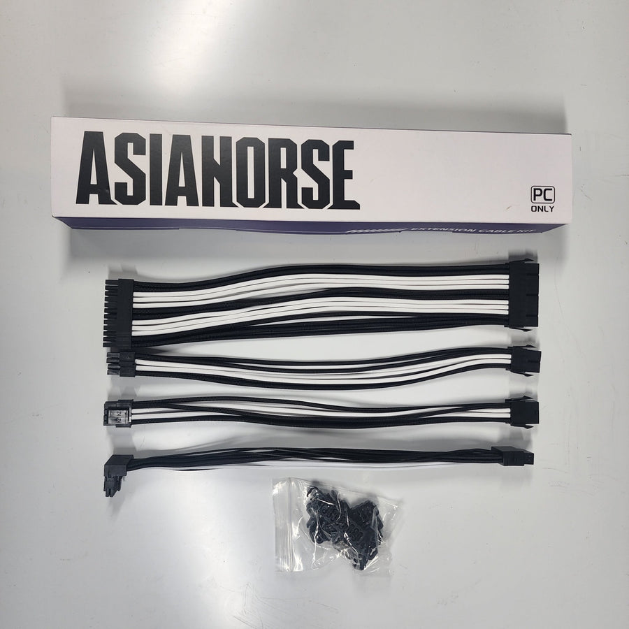 Asiahorse Black White PCIe 5.0 12VHPWR 90 Degree Sleeved PSU Extension Cable Kit 16AWG Cotton Custom Mod Kit