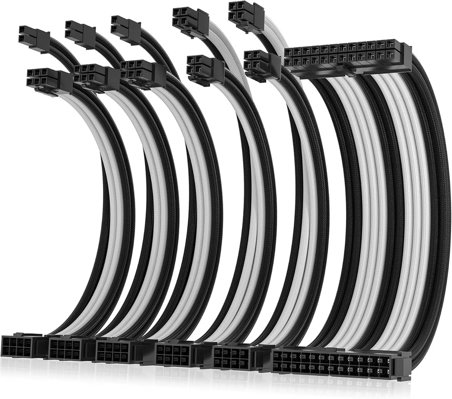 Asiahorse Black White Sleeved PSU Extension Cable Kit 16AWG Cotton Custom PC Mod Kit 6 Kit