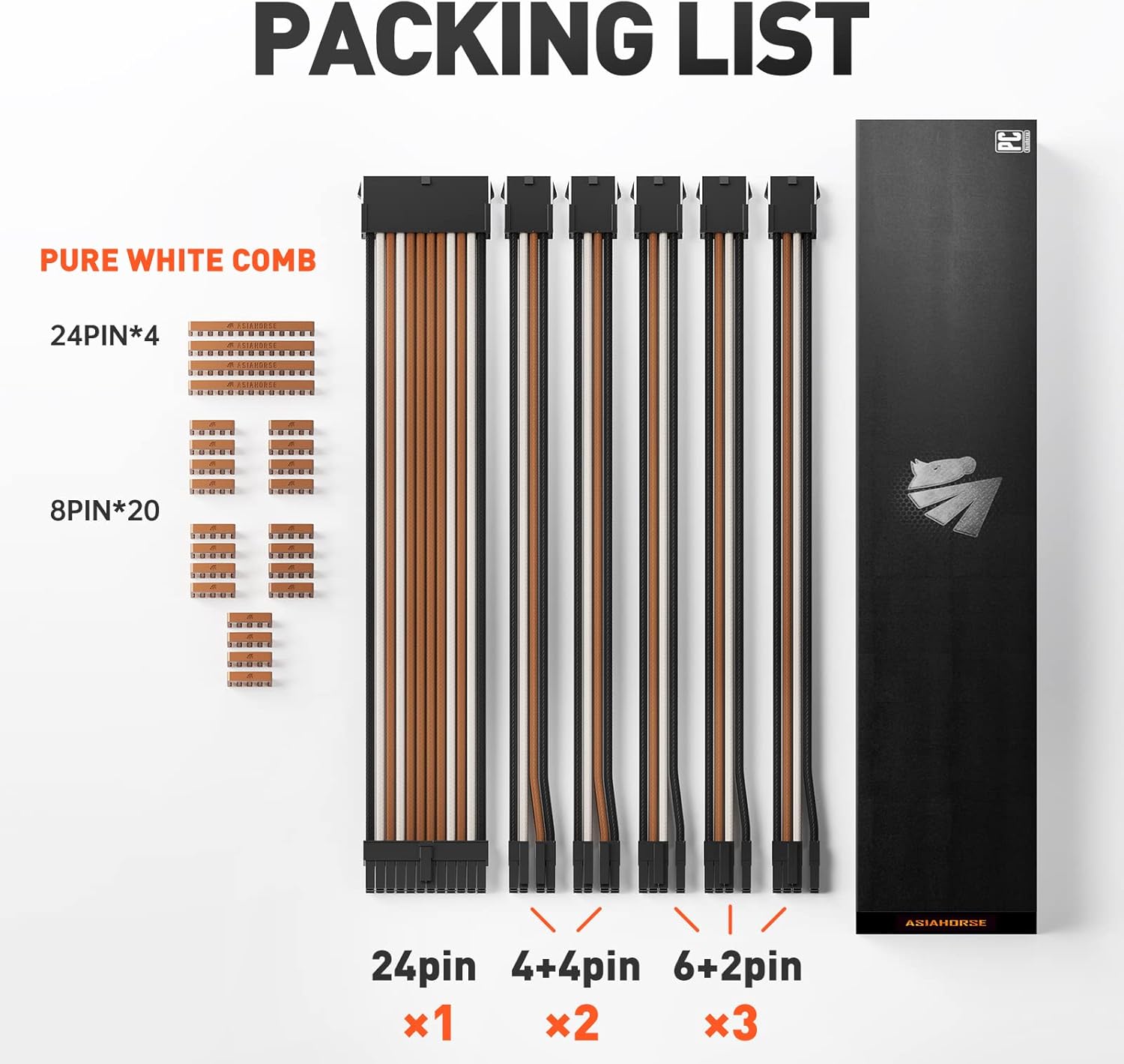 Asiahorse Brown Off White Sleeved PSU Extension Cable Kit 16AWG Cotton Custom PC Mod Kit 6 Kit - Geek Tech