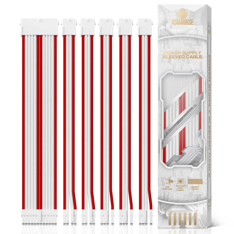 Asiahorse Snow Series Red White Sleeved PSU Extension Cable Kit 16AWG Cotton Custom Mod Kit 6 Kit