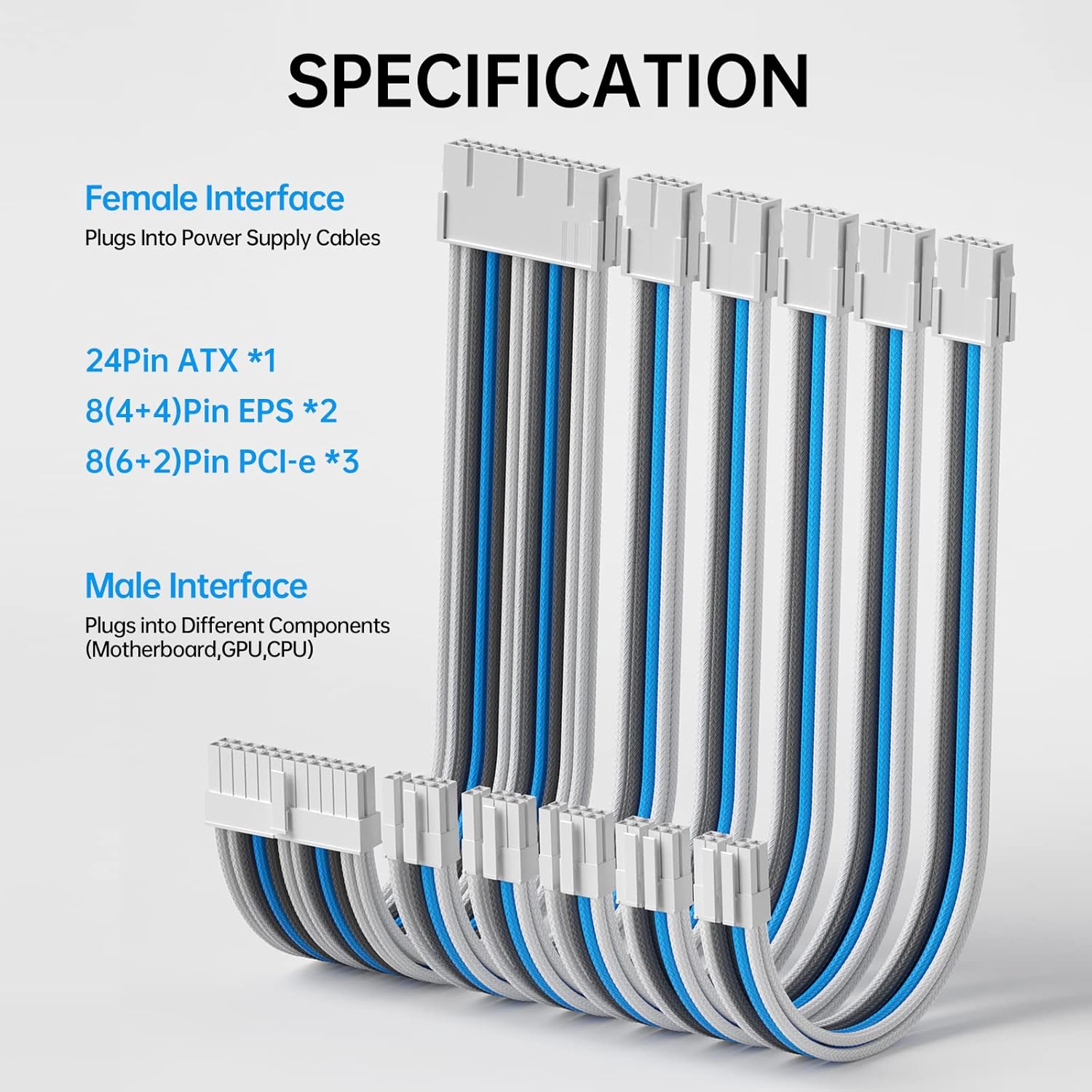 Asiahorse Snow Series White Blue Grey Sleeved PSU Extension Cable Kit 16AWG Cotton Custom Mod Kit 6 Kit - Geek Tech