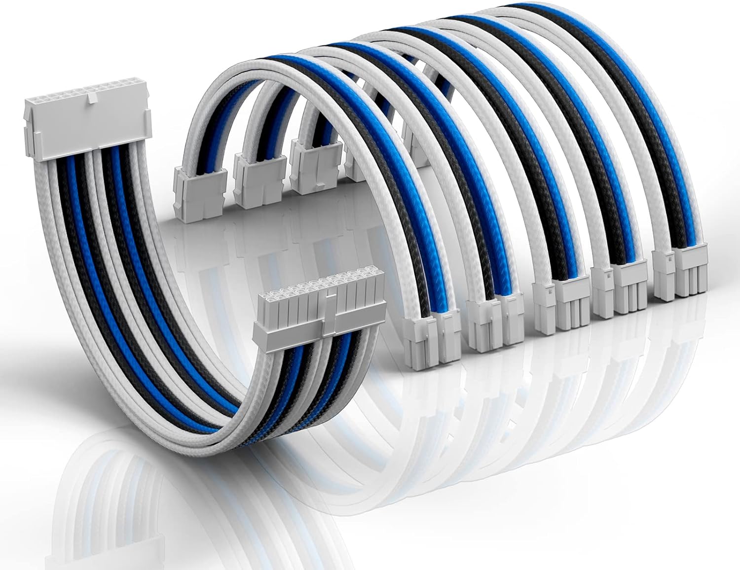 Asiahorse Snow Series White Blue Grey Sleeved PSU Extension Cable Kit 16AWG Cotton Custom Mod Kit 6 Kit - Geek Tech
