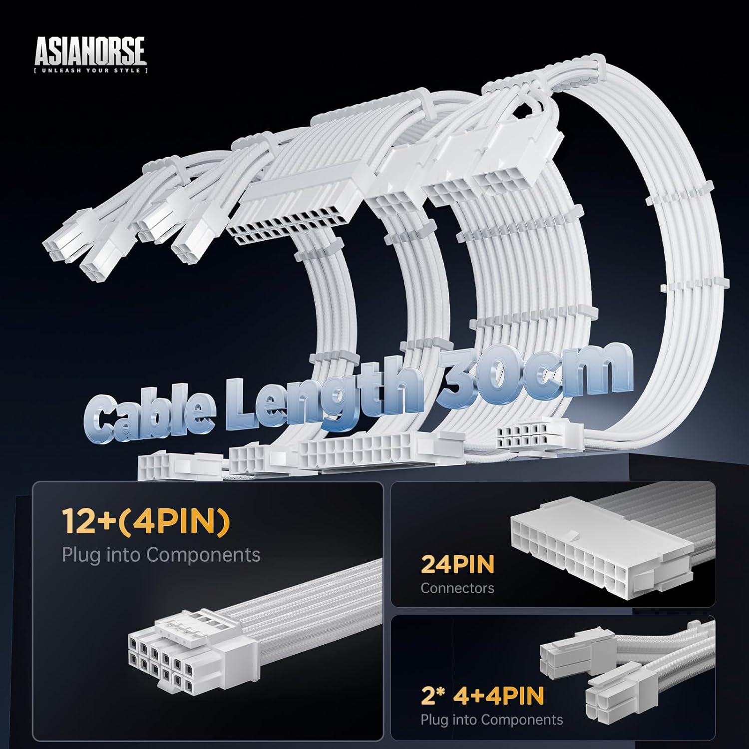 Asiahorse White 12VHPWR PCIe 5.0 Sleeved PSU Extension Cable Kit 16AWG Cotton Custom Mod Kit 4 Kit 3 End - Geek Tech