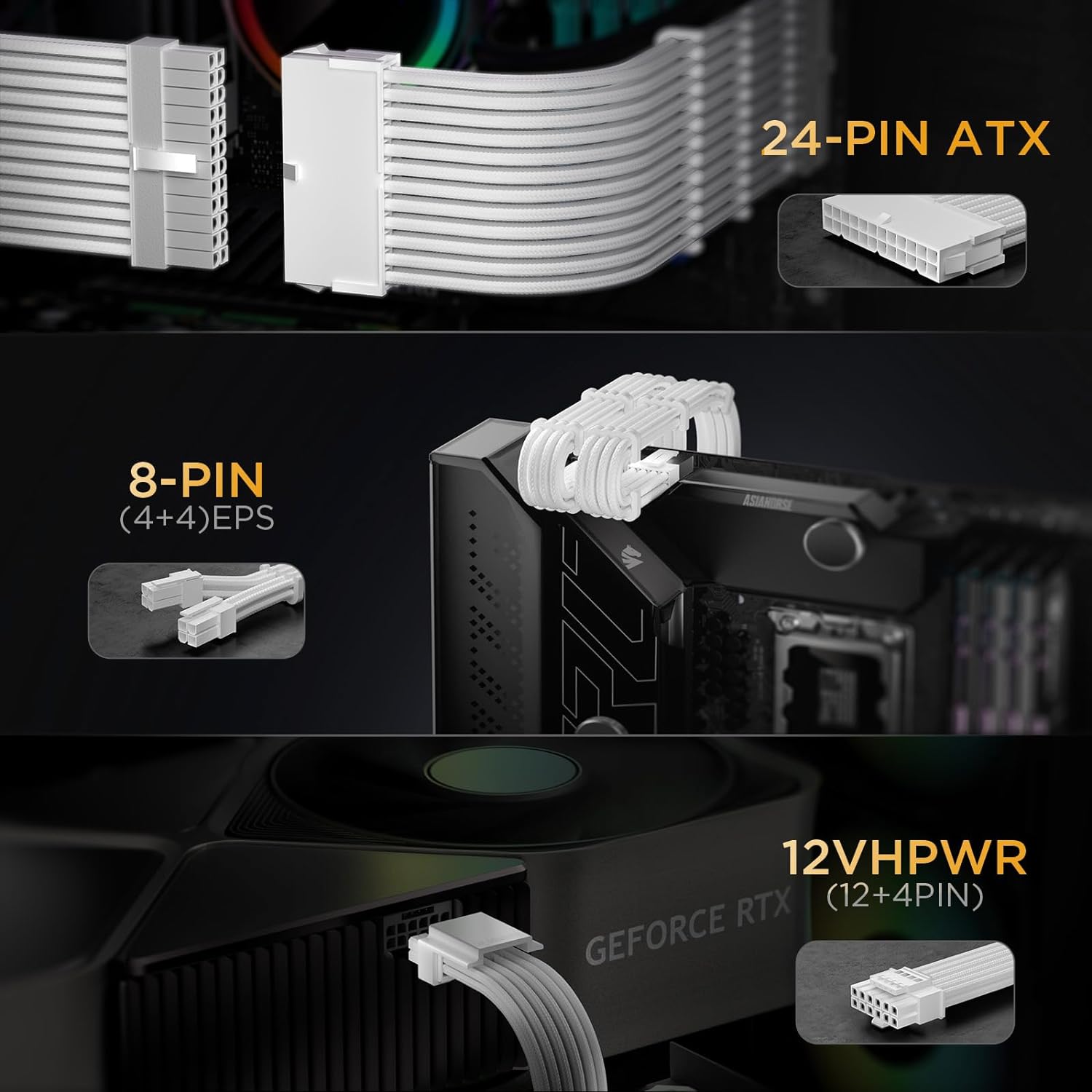 Asiahorse White 12VHPWR PCIe 5.0 Sleeved PSU Extension Cable Kit 16AWG Cotton Custom Mod Kit 4 Kit 3 End - Geek Tech