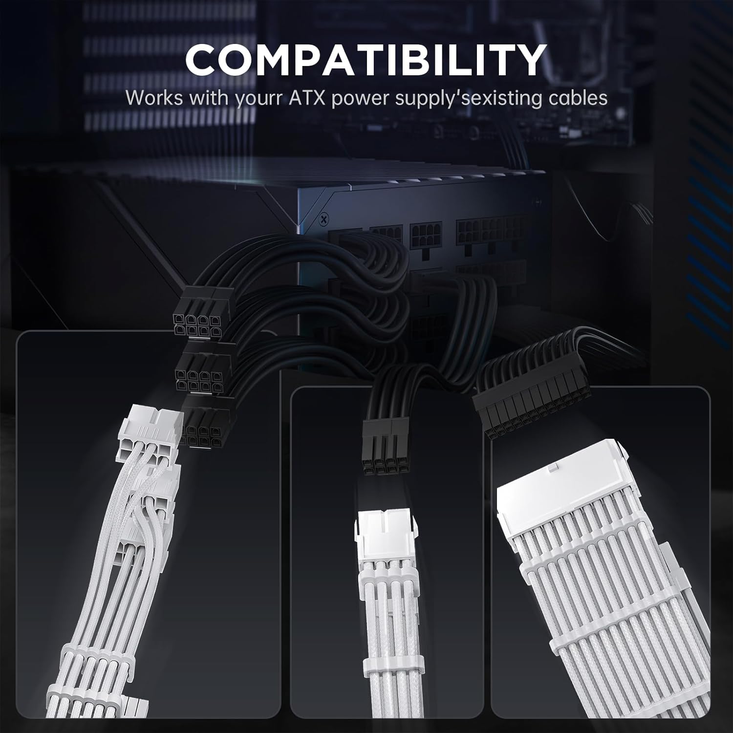 Asiahorse White 12VHPWR PCIe 5.0 Sleeved PSU Extension Cable Kit 16AWG Cotton Custom Mod Kit 4 Kit 3 End - Geek Tech