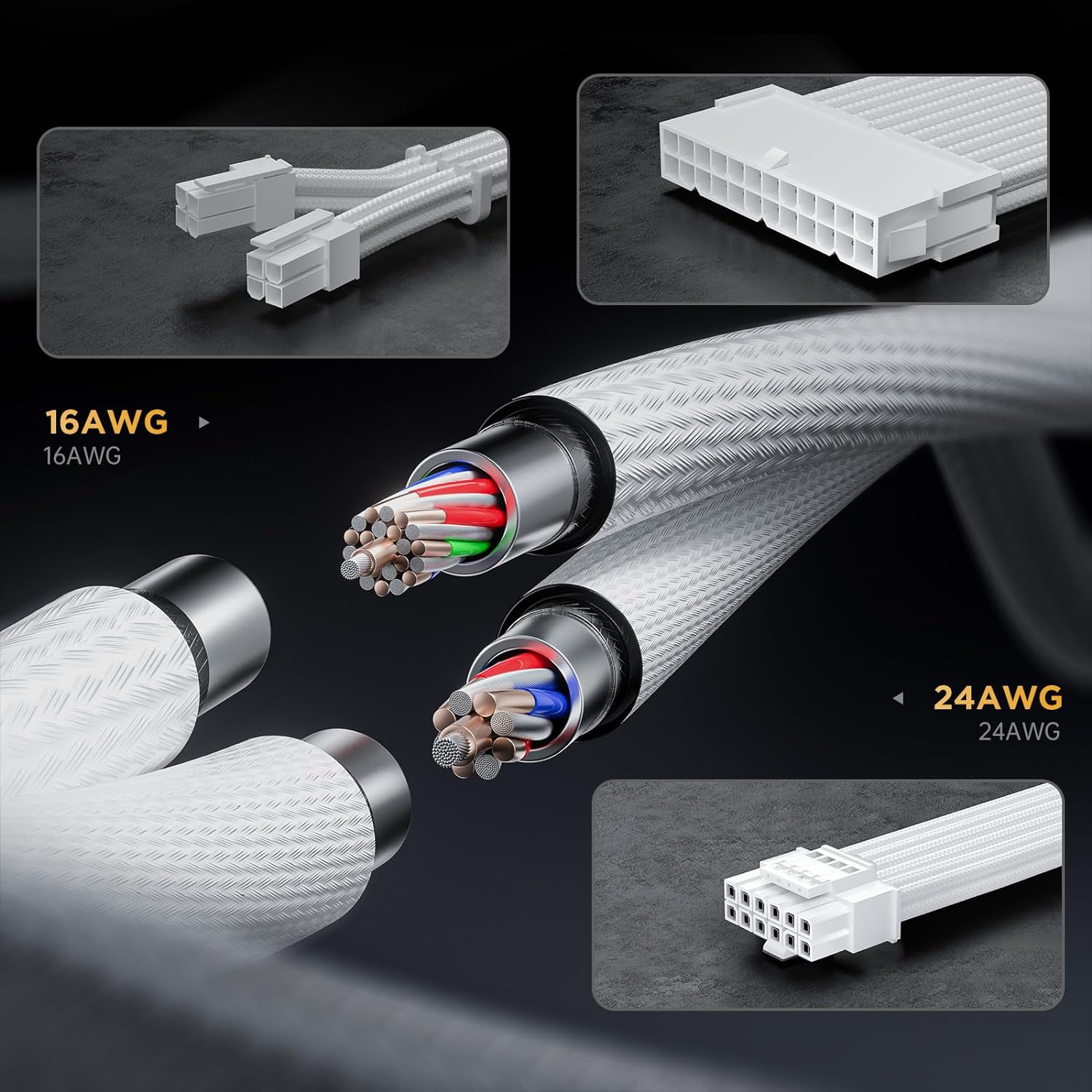 Asiahorse White 12VHPWR PCIe 5.0 Sleeved PSU Extension Cable Kit 16AWG Cotton Custom Mod Kit 4 Kit 3 End - Geek Tech