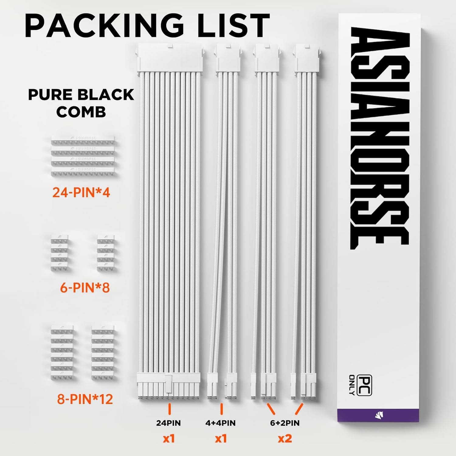 Asiahorse White Sleeved PSU Extension Cable Kit 18AWG Cotton Custom PC Mod Kit - Geek Tech