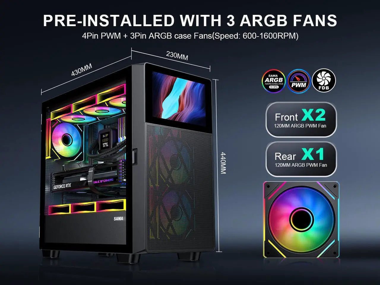 SAMA V - Play Black Gaming Mid Tower Computer Case w/ 8in LCD Display - Geek Tech