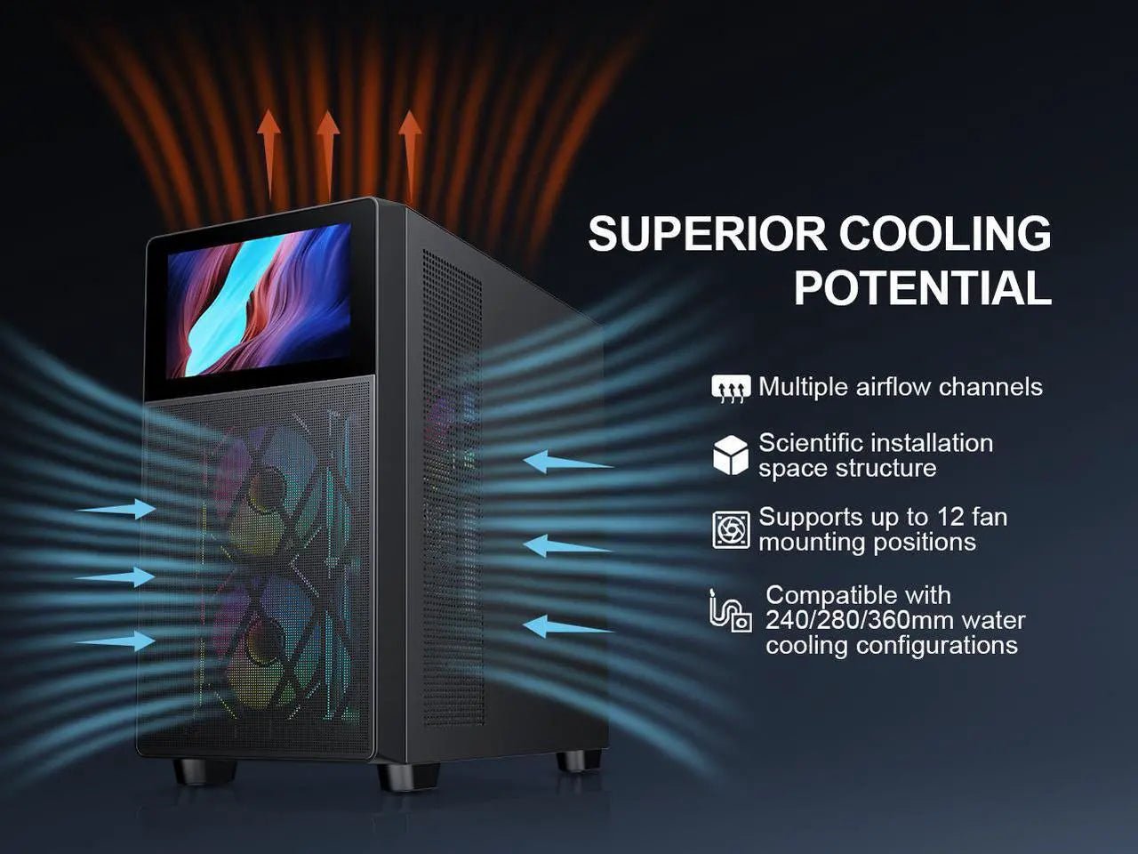 SAMA V - Play Black Gaming Mid Tower Computer Case w/ 8in LCD Display - Geek Tech