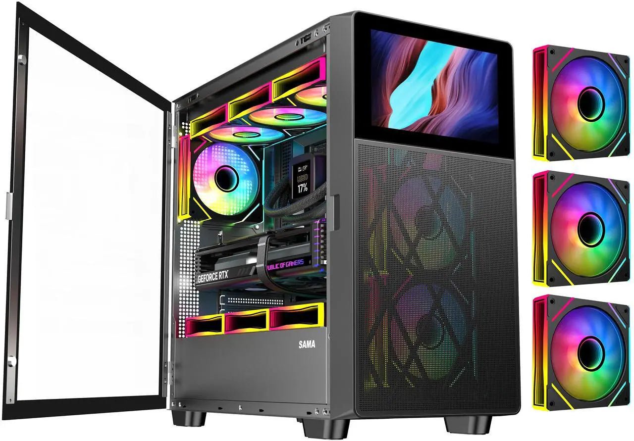 SAMA V - Play Black Gaming Mid Tower Computer Case w/ 8in LCD Display - Geek Tech