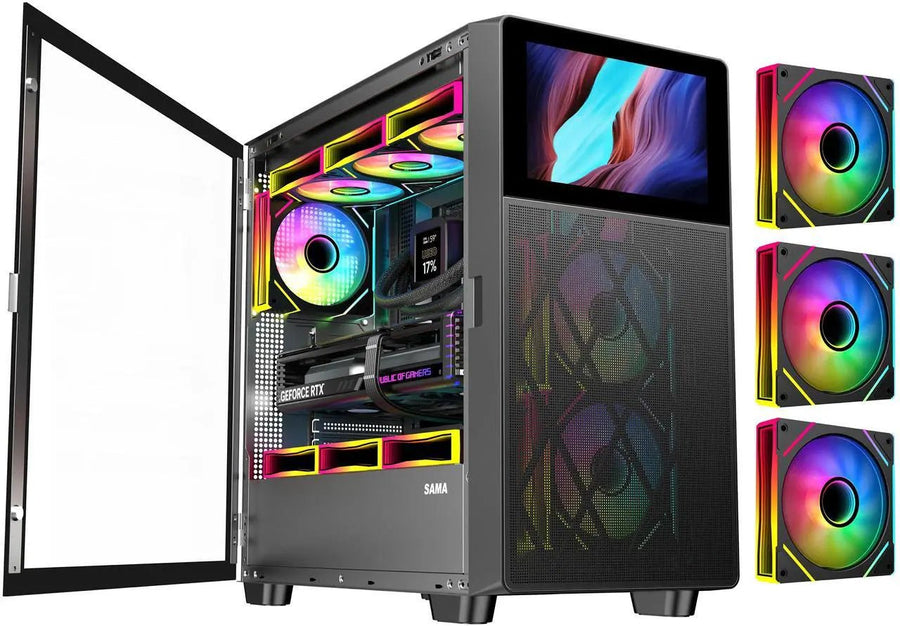 SAMA V-Play Black Gaming Mid Tower Computer Case w/ 8in LCD Display