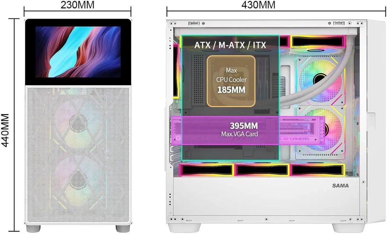 SAMA V - Play White Gaming Mid Tower Computer Case w/ 8in LCD Display - Geek Tech