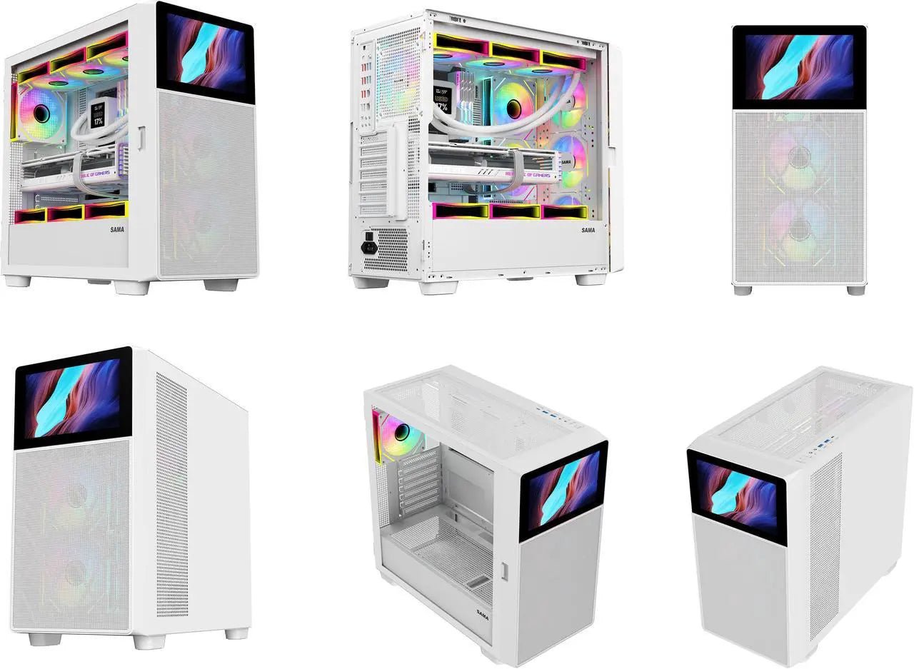 SAMA V - Play White Gaming Mid Tower Computer Case w/ 8in LCD Display - Geek Tech