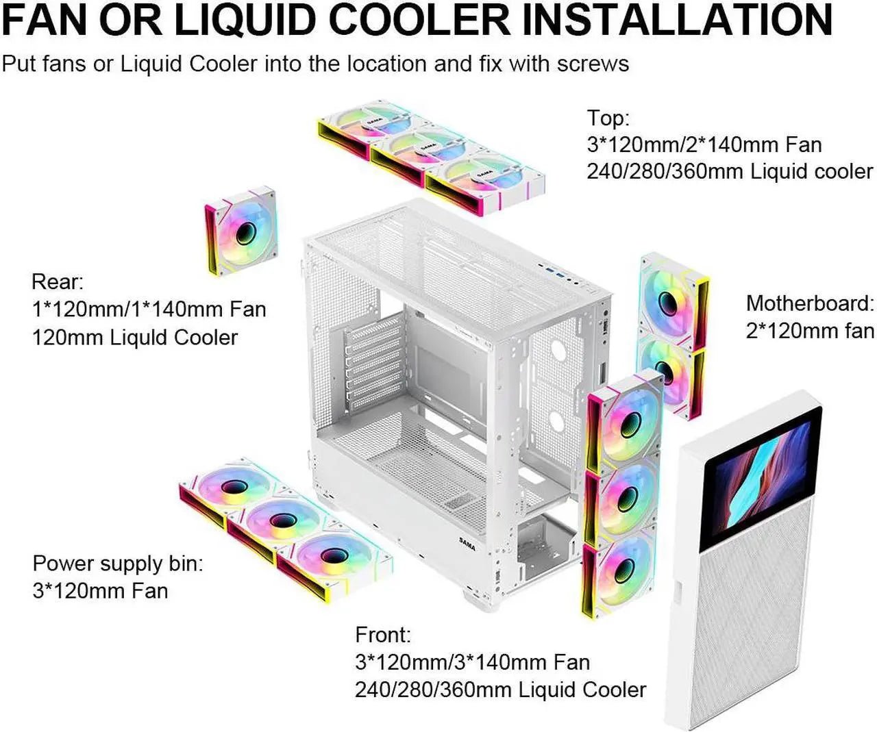 SAMA V - Play White Gaming Mid Tower Computer Case w/ 8in LCD Display - Geek Tech