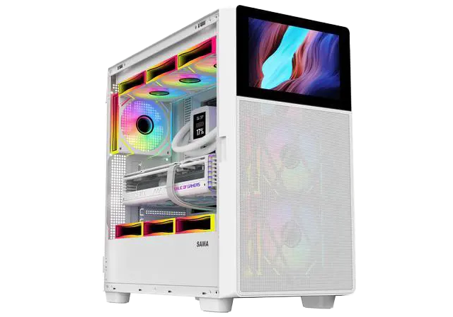 BitCrate Rare — SAMA V-Play White Gaming Mid Tower Computer Case w/ 8in LCD Display (ATX) (White)