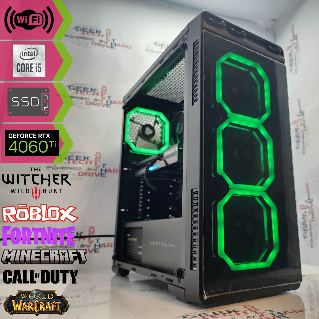 Gaming Desktop PC Computer Intel i5 NVIDIA GeForce RTX 4060 Ti 2TB SSD 32GB DDR5 Wifi Aura-P Black H610 - Geek Tech